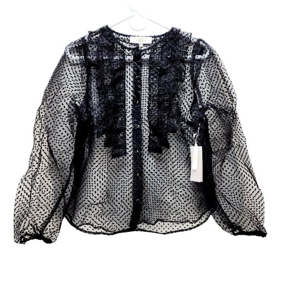 Sheer Black Polka Dot Long Sleeve Blouse With Ruffle Detail Size M - Picture 2 of 9